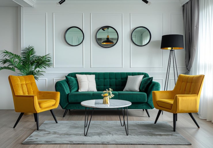 modern-living-room-interior-design-with-green-sofa-three-rectangular-mirrors_furniture-manufacturers-in-noida furniture-india
